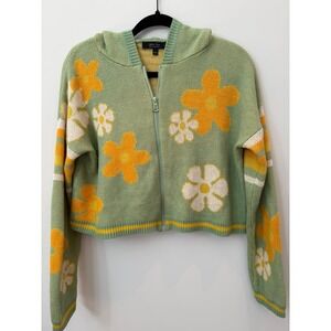 Witty Fox Women's Small Floral Knit Zip Up Cropped Hoodie Y2K Retro Sweater
